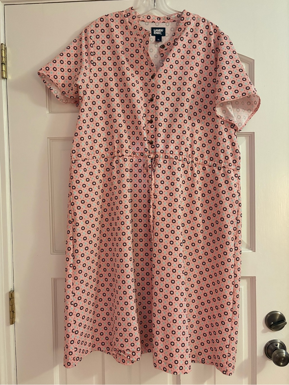 Lands' End Pink Short-Sleeve Drawstring Casual Dress with Navy Print